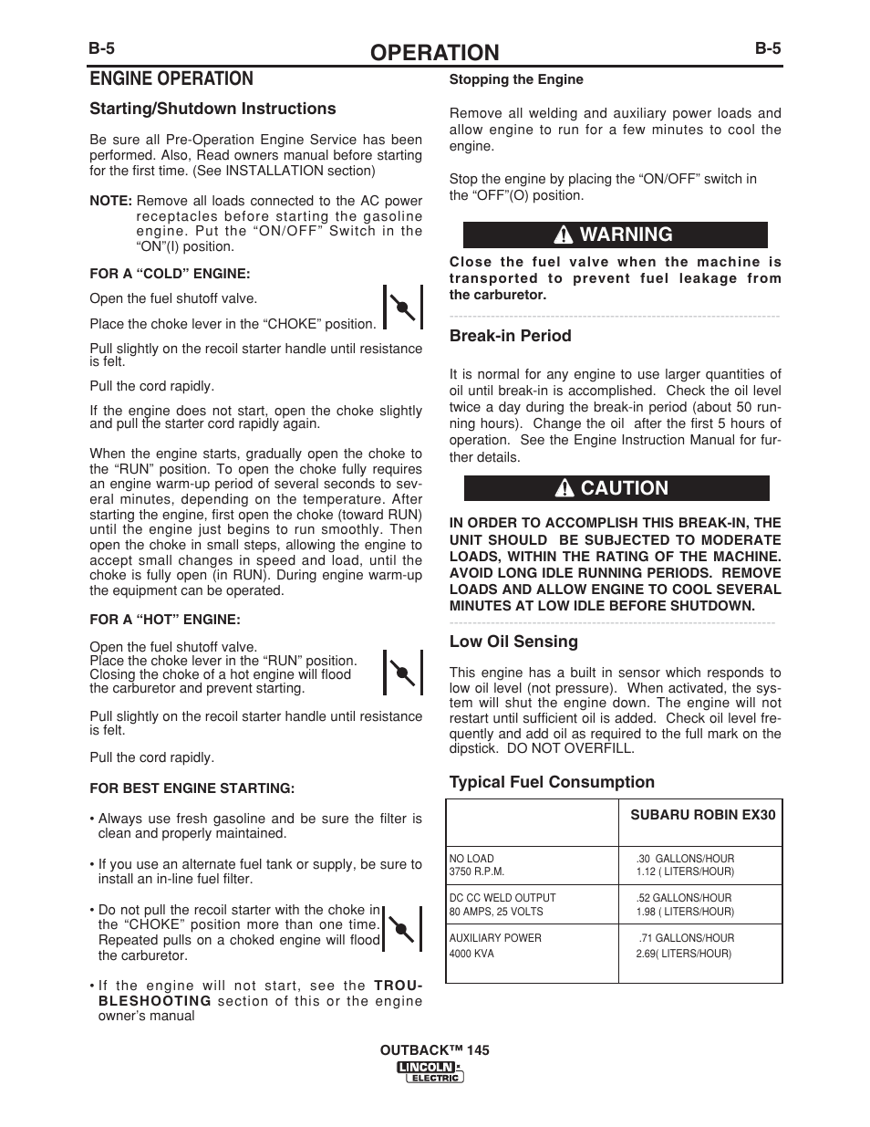 Operation, Engine operation, Caution warning | Lincoln Electric OUTBACK 145 User Manual | Page 19 / 34