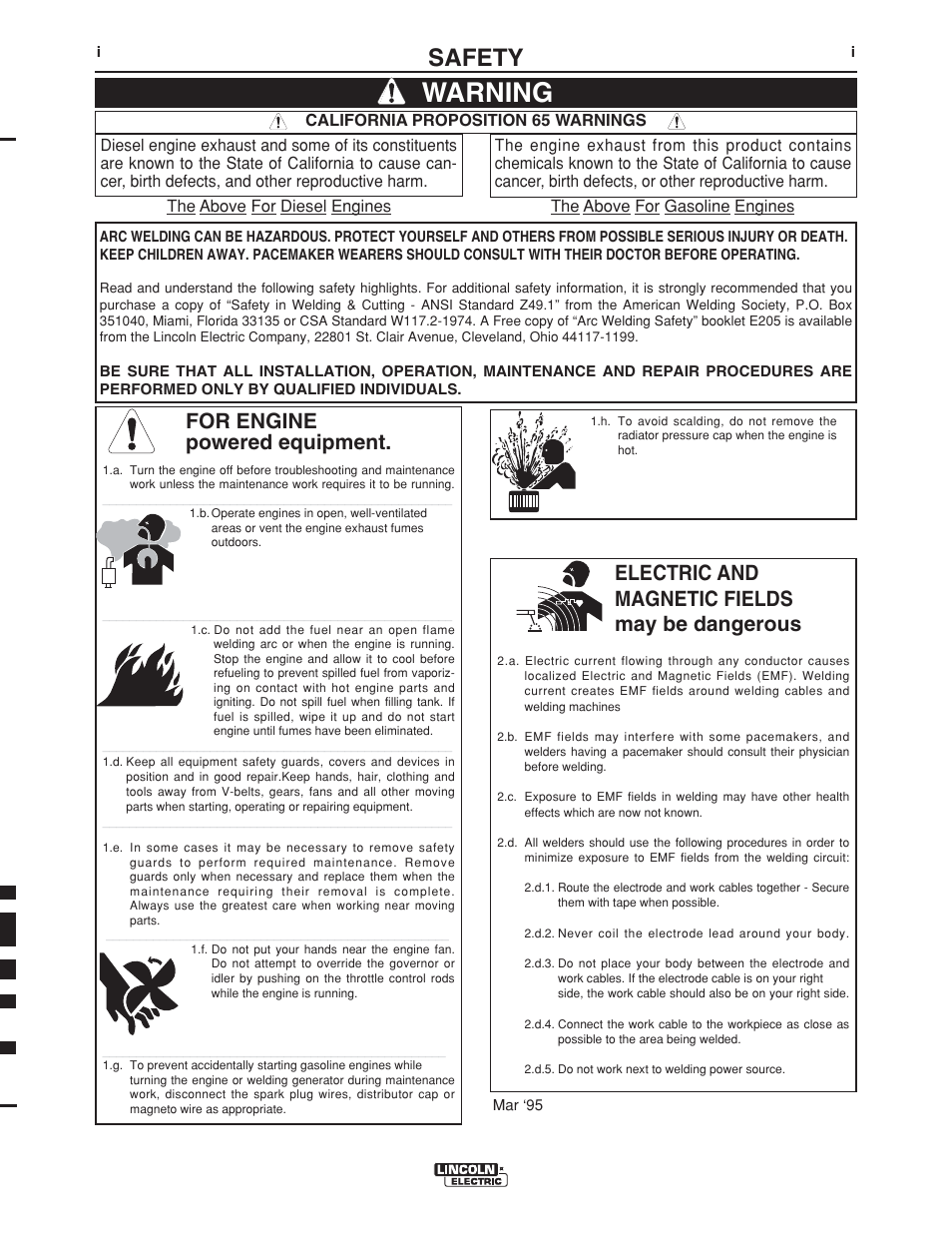 Warning, Safety, For engine powered equipment | Electric and magnetic fields may be dangerous | Lincoln Electric OUTBACK 145 User Manual | Page 2 / 34
