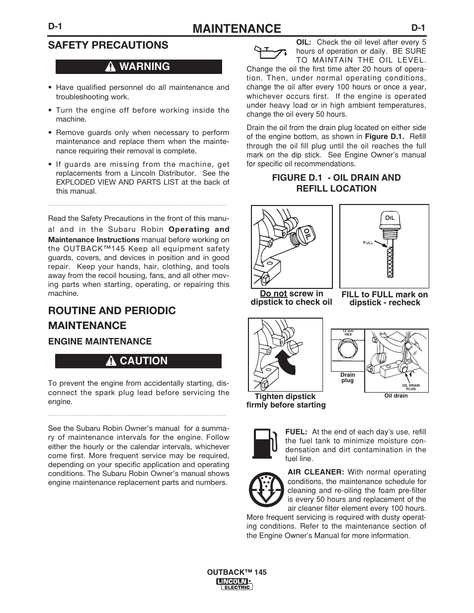 Maintenance, Safety precautions, Routine and periodic maintenance | Warning caution | Lincoln Electric OUTBACK 145 User Manual | Page 24 / 34