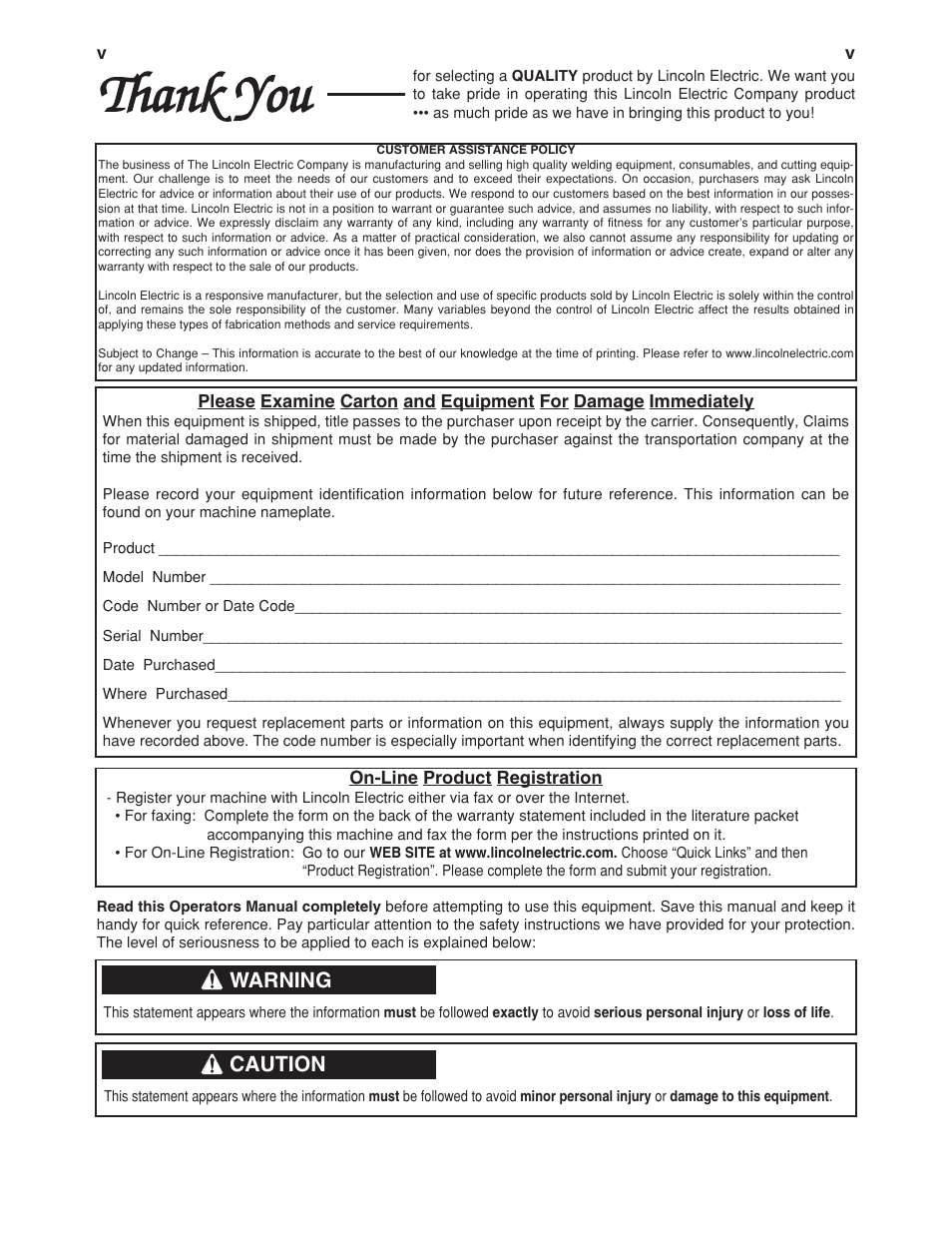 Warning, Caution | Lincoln Electric OUTBACK 145 User Manual | Page 6 / 34