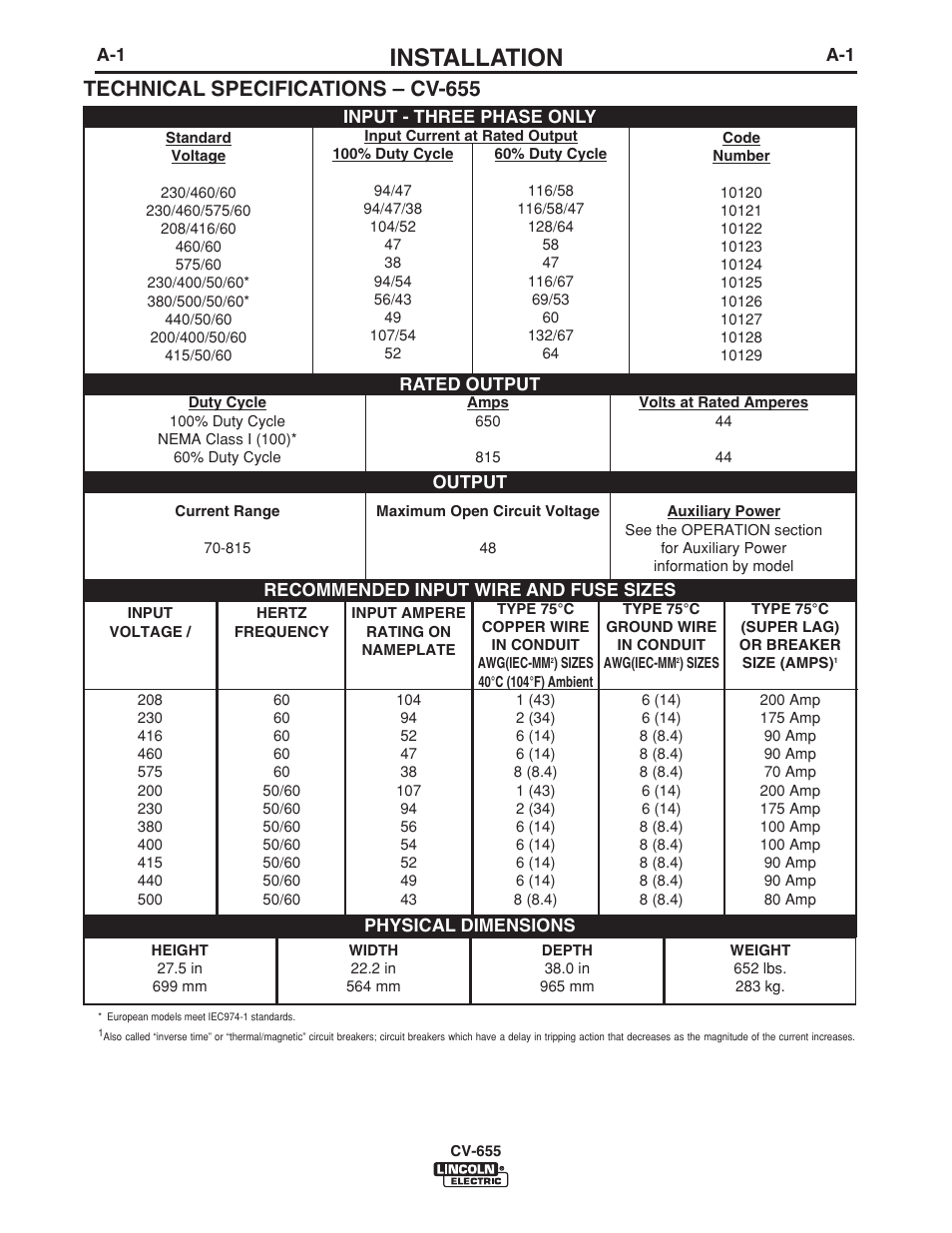 Installation, Technical specifications – cv-655 | Lincoln Electric CV-655 User Manual | Page 10 / 47