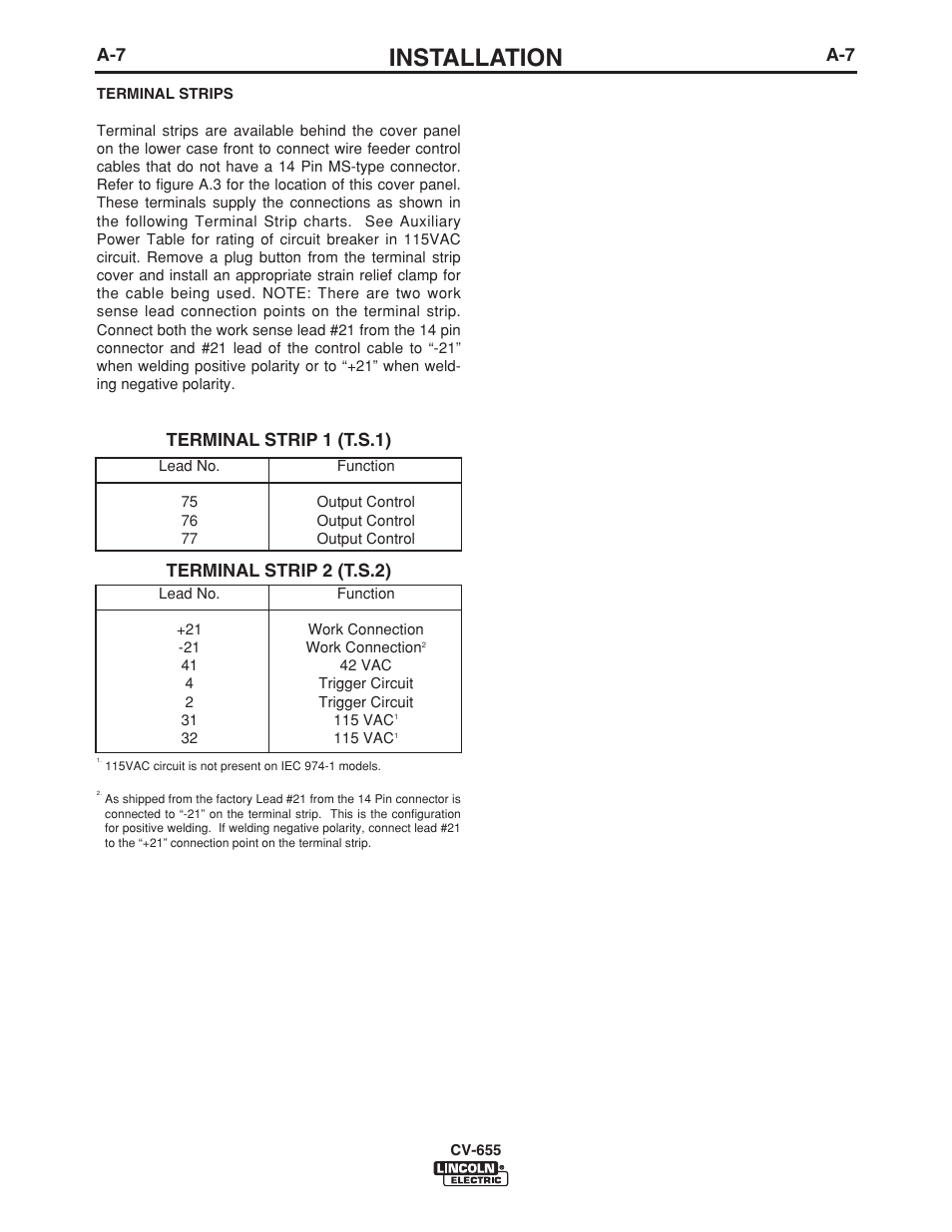 Installation, Terminal strip 1 (t.s.1) terminal strip 2 (t.s.2) | Lincoln Electric CV-655 User Manual | Page 16 / 47