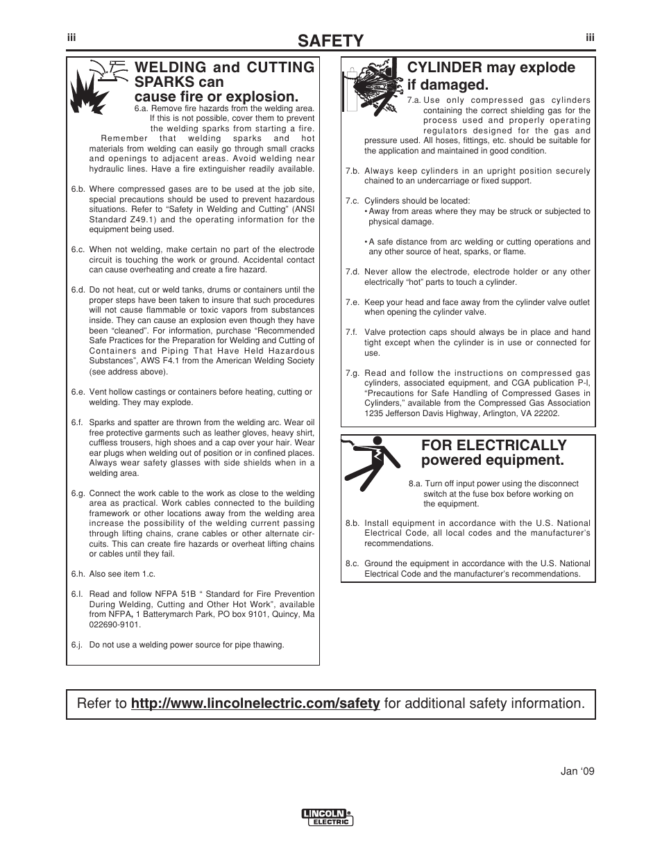 Safety, For electrically powered equipment, Cylinder may explode if damaged | Lincoln Electric CV-655 User Manual | Page 4 / 47