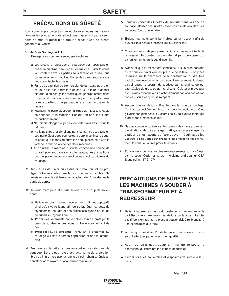 Safety, Précautions de sûreté | Lincoln Electric CV-655 User Manual | Page 5 / 47