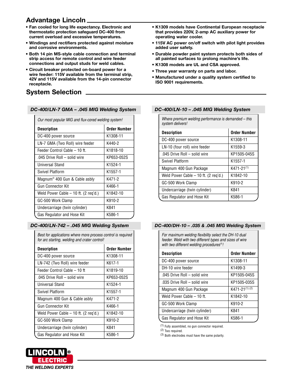 Advantage lincoln system selection | Lincoln Electric K1309-21 User Manual | Page 2 / 4