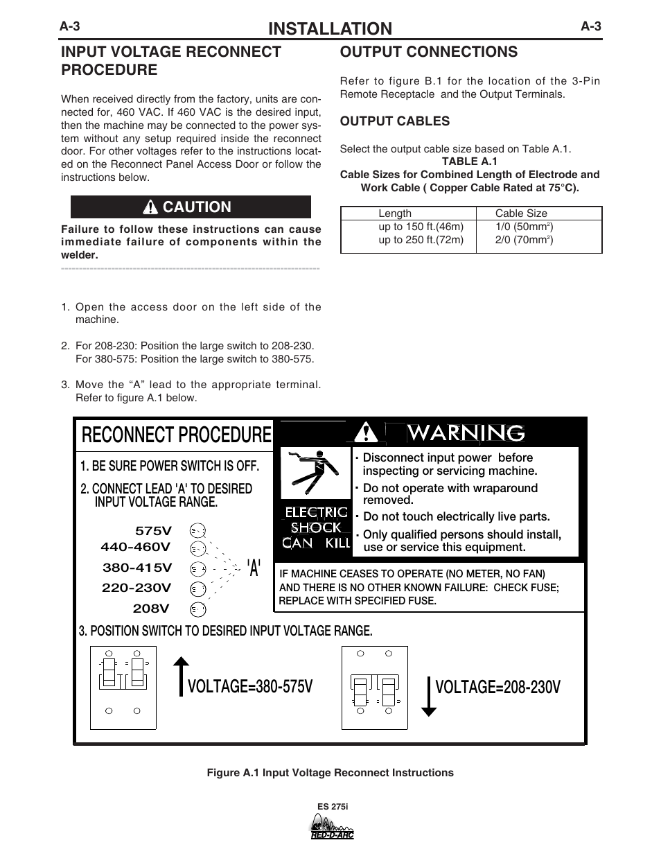 Installation, Reconnect procedure, Output connections | Input voltage reconnect procedure, Caution | Lincoln Electric IM803-B User Manual | Page 10 / 31