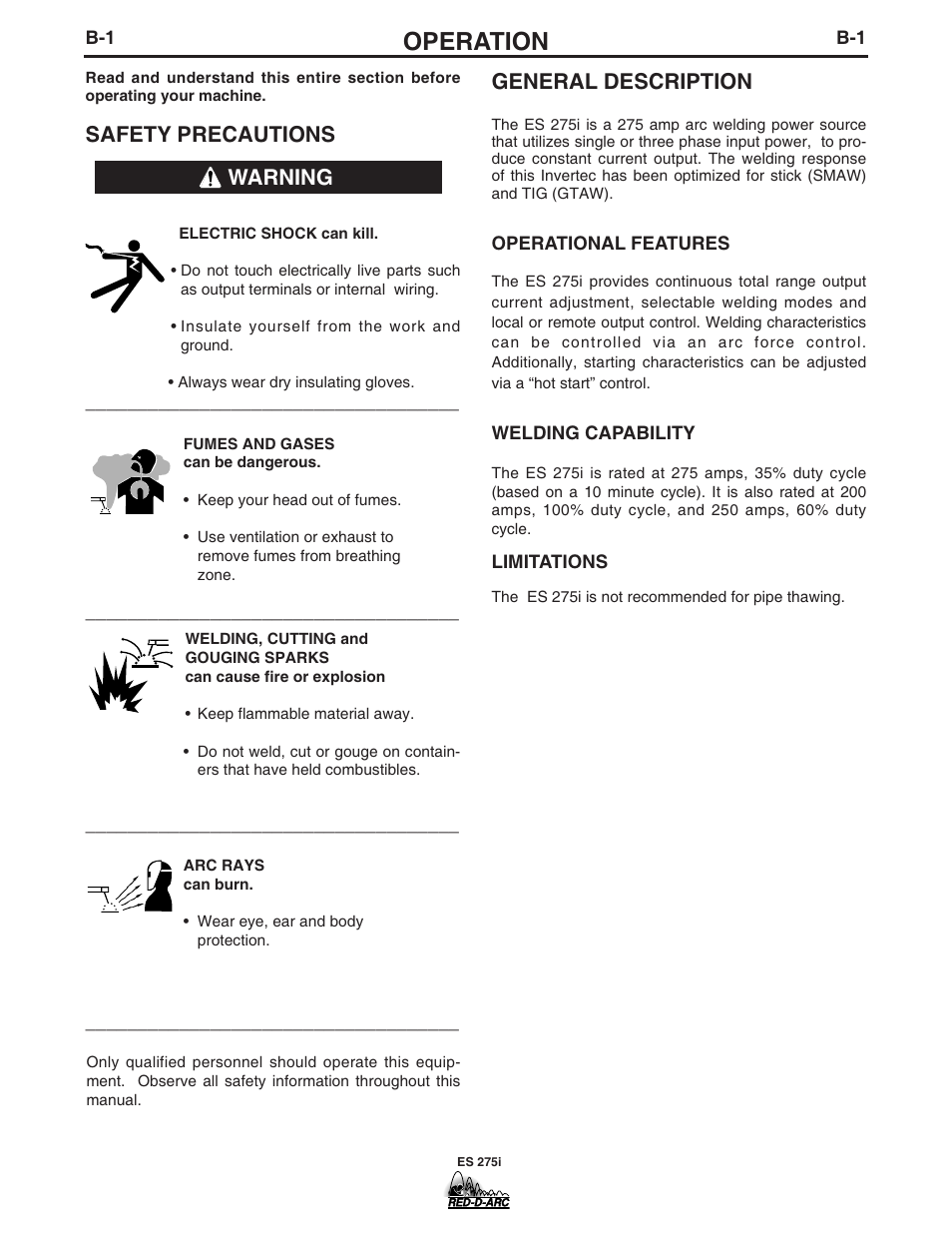 Operation, General description, Safety precautions | Warning | Lincoln Electric IM803-B User Manual | Page 11 / 31