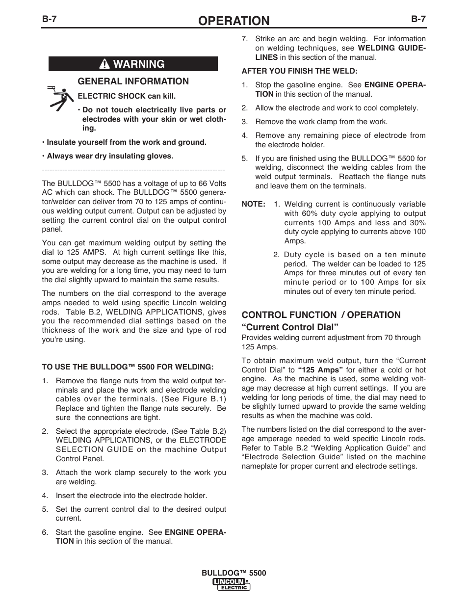 Operation, Welding operation, Warning | Lincoln Electric BULLDOG IM10074 User Manual | Page 21 / 45