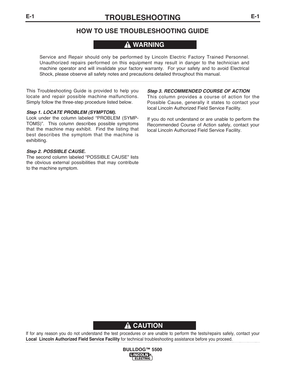 Troubleshooting, Caution, How to use troubleshooting guide | Warning | Lincoln Electric BULLDOG IM10074 User Manual | Page 37 / 45