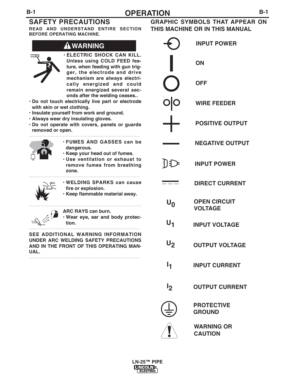 Operation, Warning safety precautions | Lincoln Electric LN-25 IM10092 User Manual | Page 18 / 39