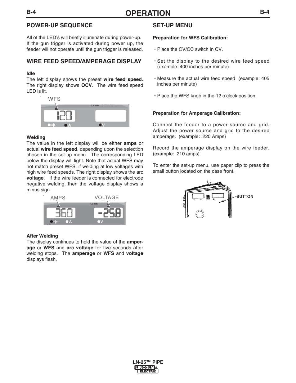 Operation, Power-up sequence, Wire feed speed/amperage display | Set-up menu | Lincoln Electric LN-25 IM10092 User Manual | Page 21 / 39