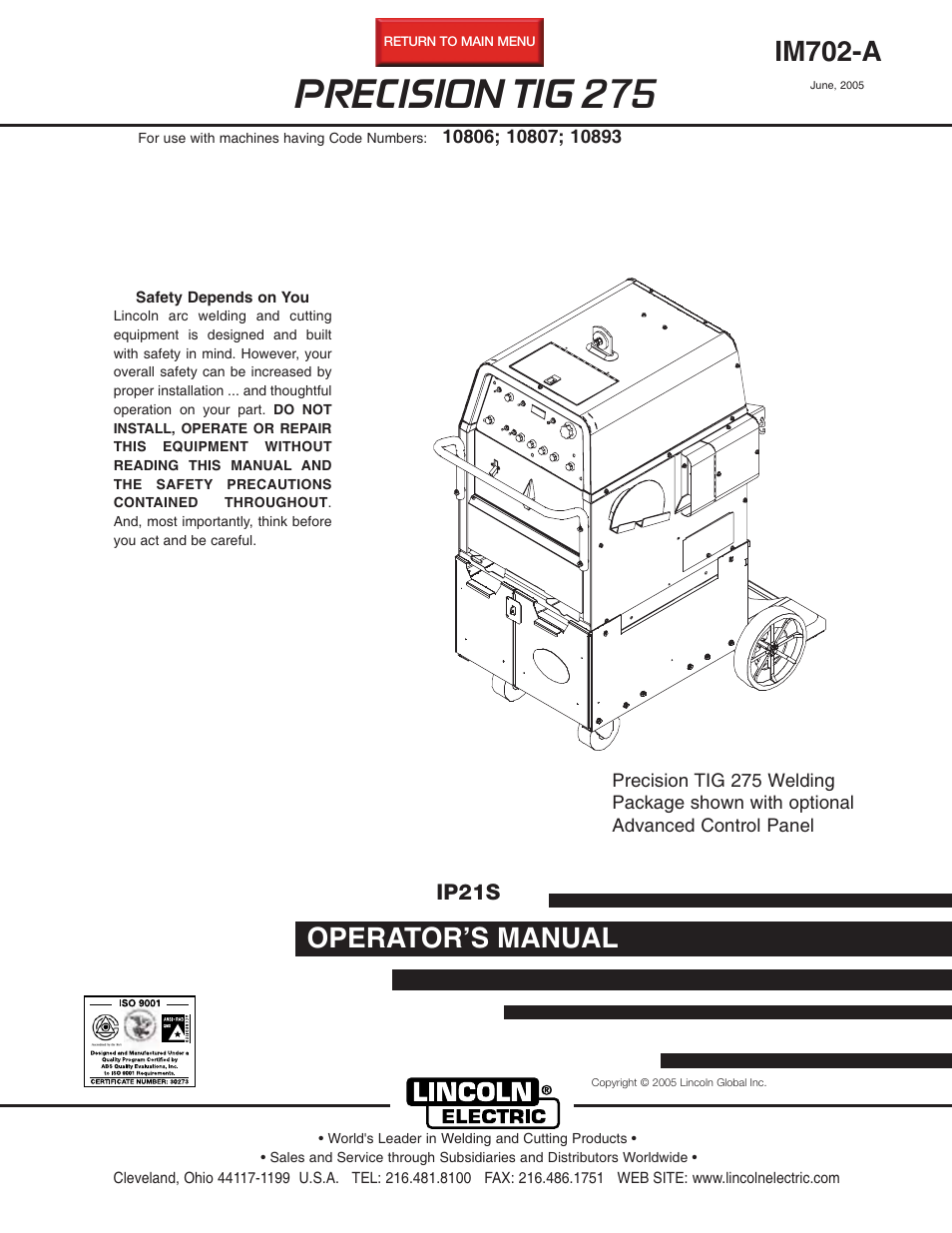 Lincoln Electric PRECISION TIG 275 IM702-A User Manual | 46 pages