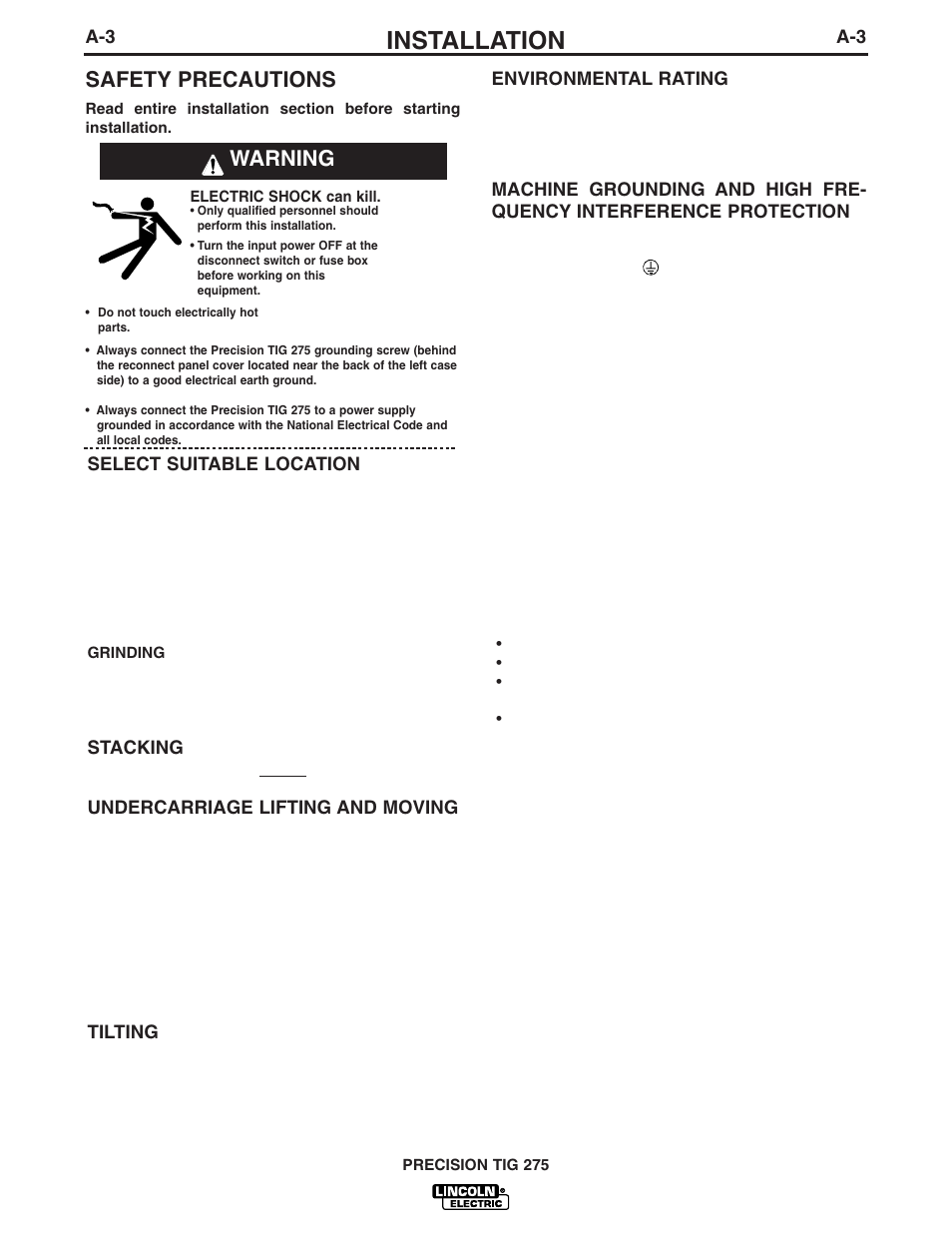 Installation, Safety precautions, Warning | Lincoln Electric PRECISION TIG 275 IM702-A User Manual | Page 10 / 46