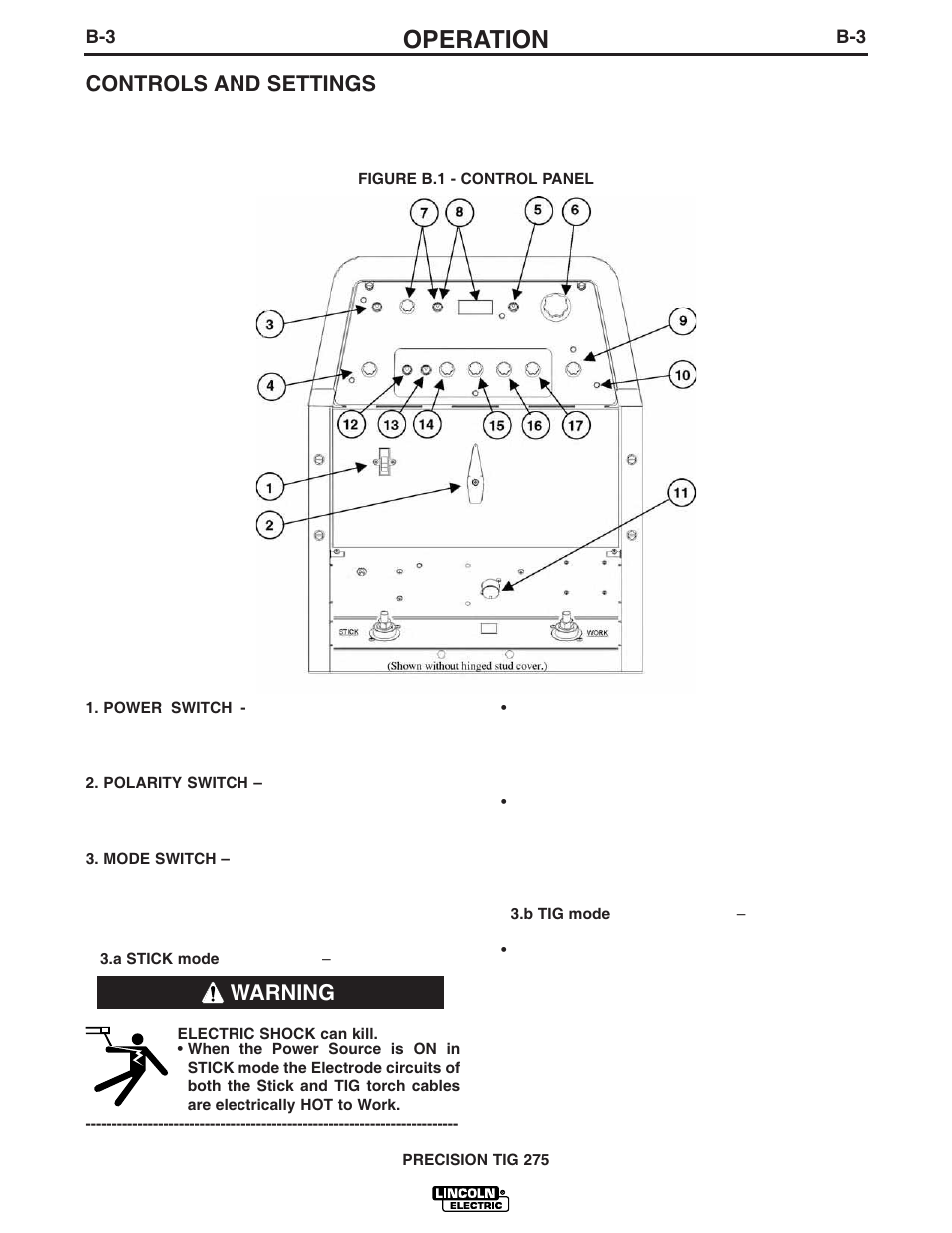 Operation, Controls and settings, Warning | Lincoln Electric PRECISION TIG 275 IM702-A User Manual | Page 18 / 46