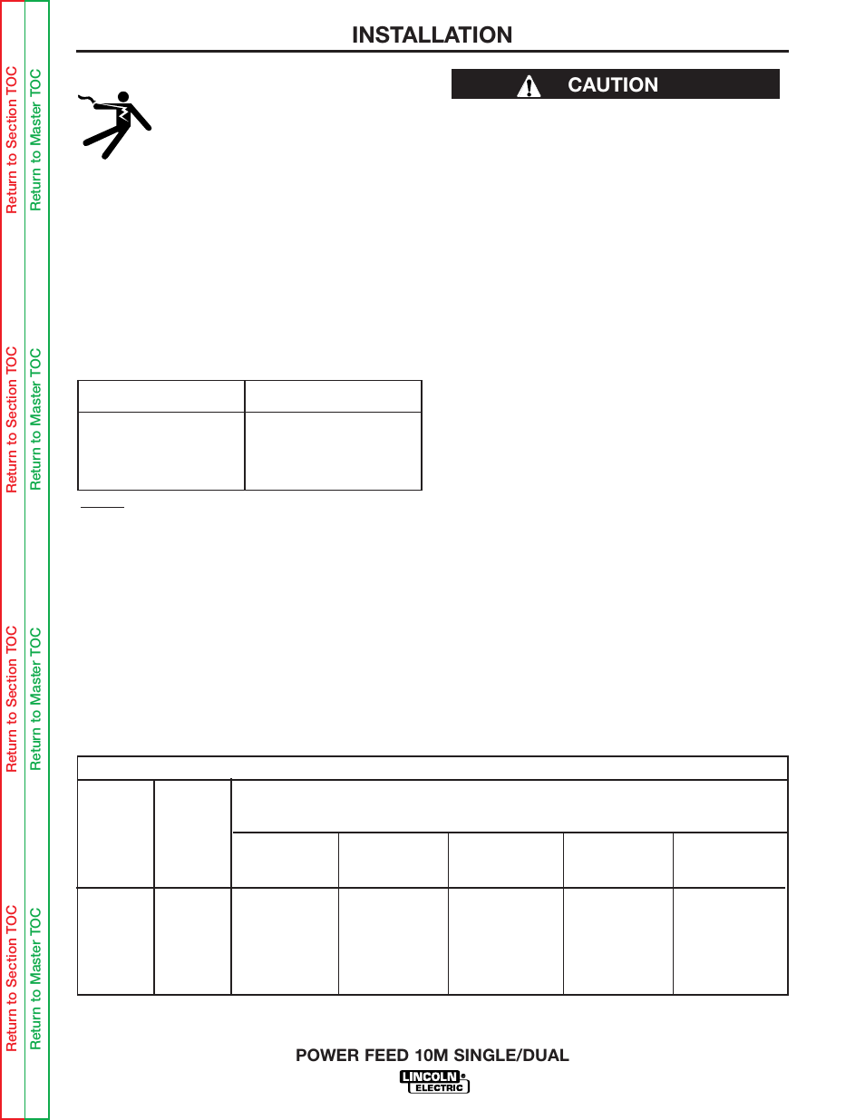 Installation, Safety precaution electric shock can kill, Caution | Lincoln Electric POWER FEED 10M SINGLE/DUAL SVM172-A User Manual | Page 10 / 151