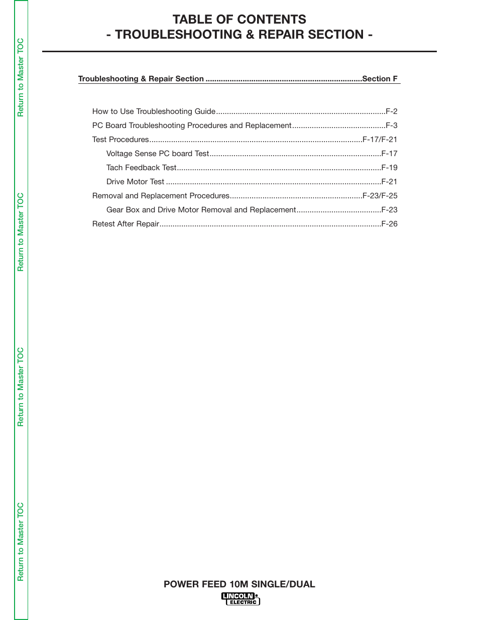 Section f - troubleshooting and repair | Lincoln Electric POWER FEED 10M SINGLE/DUAL SVM172-A User Manual | Page 105 / 151