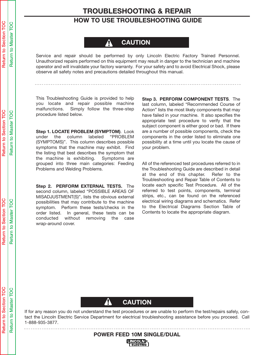 Troubleshooting & repair, How to use troubleshooting guide, Caution | Lincoln Electric POWER FEED 10M SINGLE/DUAL SVM172-A User Manual | Page 106 / 151