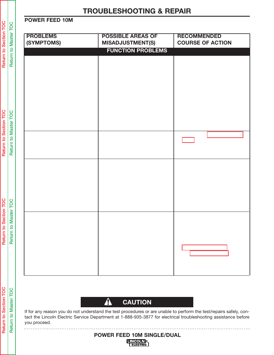 Symptoms, Troubleshooting & repair, Caution | Lincoln Electric POWER FEED 10M SINGLE/DUAL SVM172-A User Manual | Page 108 / 151