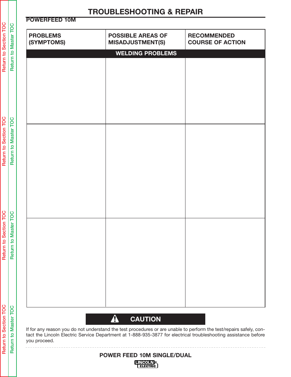 The gun tip seizes in diffuser, Troubleshooting & repair, Caution | Lincoln Electric POWER FEED 10M SINGLE/DUAL SVM172-A User Manual | Page 114 / 151