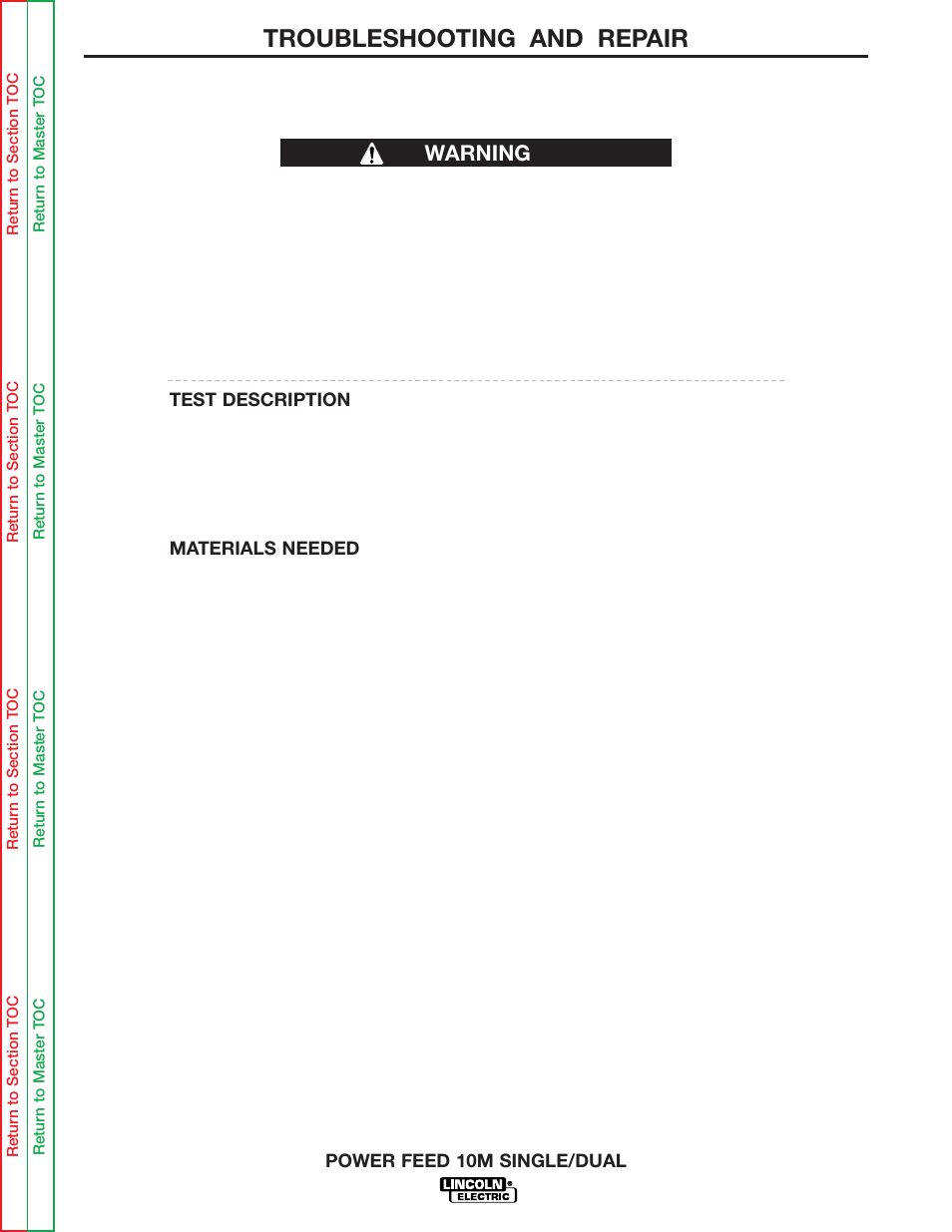 Perform the tach feedback, Test, Tach feedback test | Troubleshooting and repair, Warning tach feedback test | Lincoln Electric POWER FEED 10M SINGLE/DUAL SVM172-A User Manual | Page 123 / 151