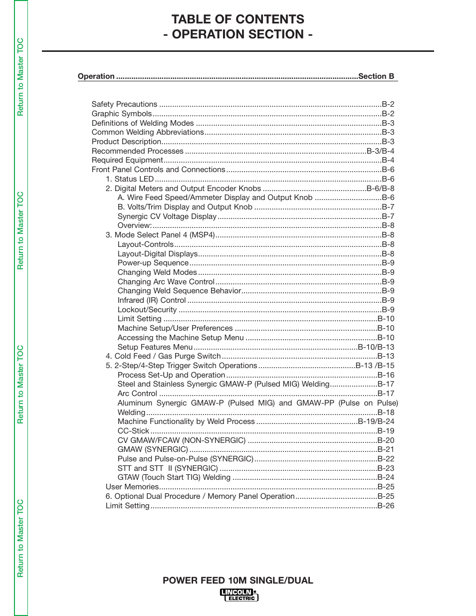 Section b - operation | Lincoln Electric POWER FEED 10M SINGLE/DUAL SVM172-A User Manual | Page 23 / 151