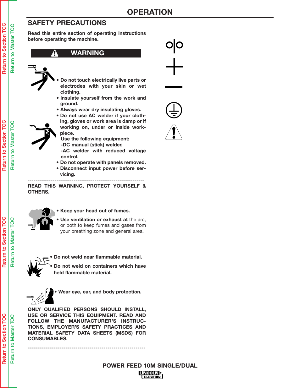 Operation, Safety precautions, Warning | Lincoln Electric POWER FEED 10M SINGLE/DUAL SVM172-A User Manual | Page 24 / 151