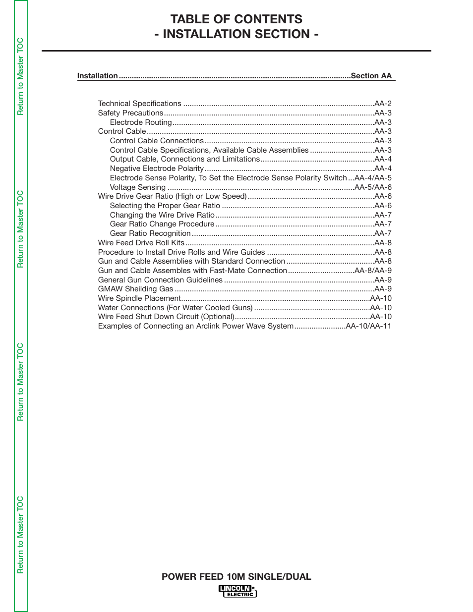 Section aa - installation | Lincoln Electric POWER FEED 10M SINGLE/DUAL SVM172-A User Manual | Page 57 / 151