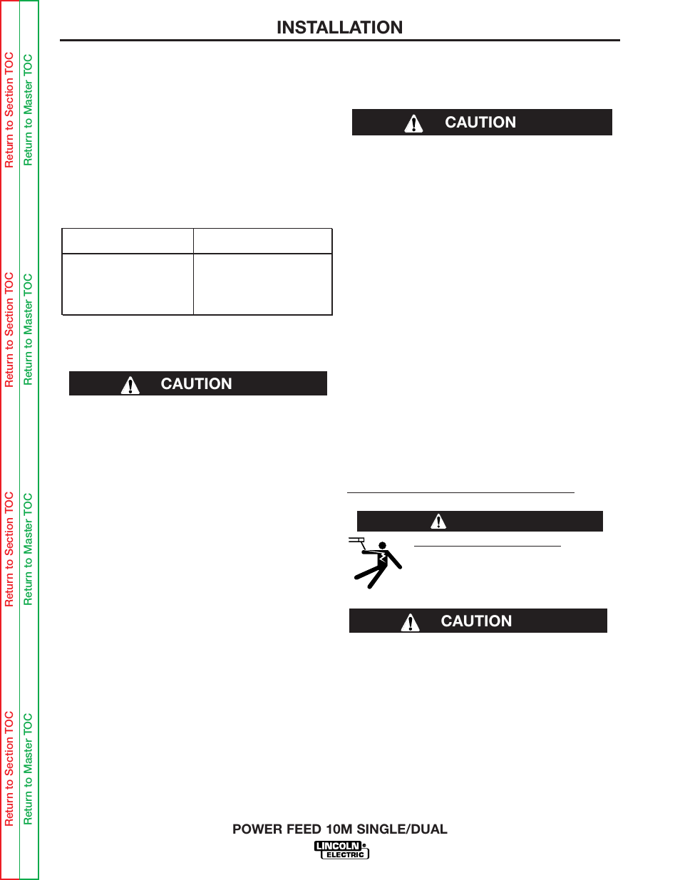 Installation, Negative electrode polarity, Output cables, connections and limitations | Caution, Caution warning | Lincoln Electric POWER FEED 10M SINGLE/DUAL SVM172-A User Manual | Page 60 / 151