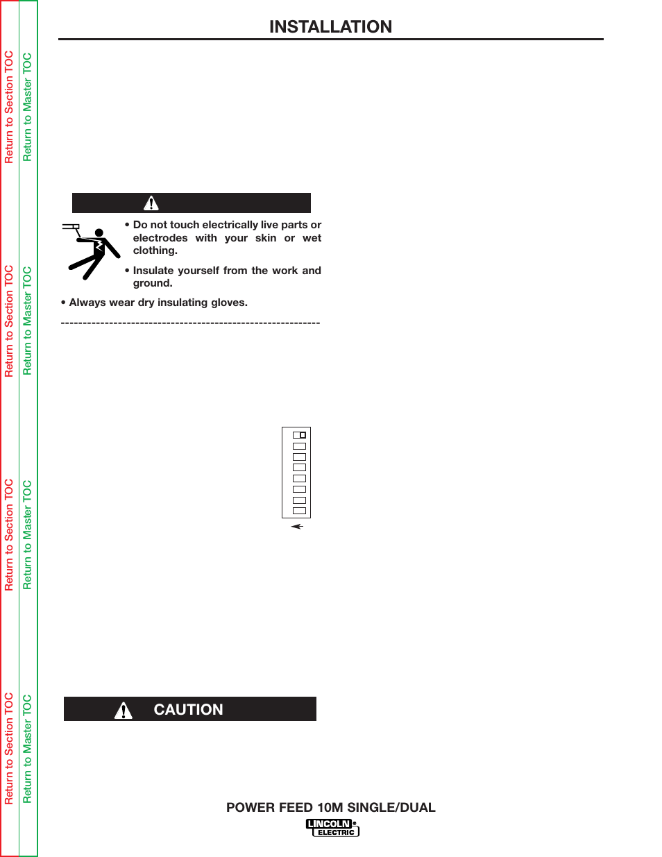 Installation, Wire drive gear ratio (high or low speed), Warning | Caution | Lincoln Electric POWER FEED 10M SINGLE/DUAL SVM172-A User Manual | Page 62 / 151