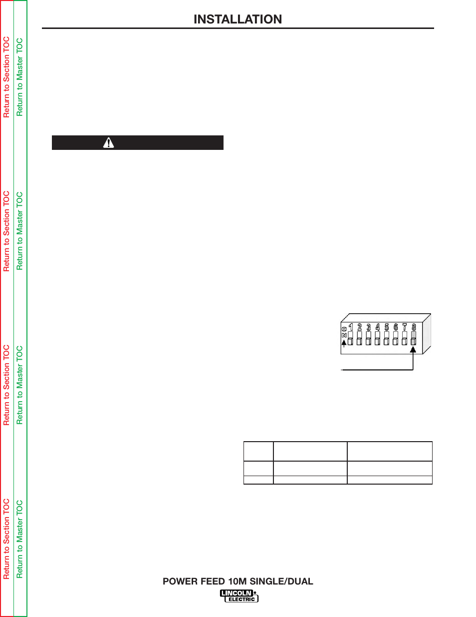 Installation, Warning | Lincoln Electric POWER FEED 10M SINGLE/DUAL SVM172-A User Manual | Page 63 / 151