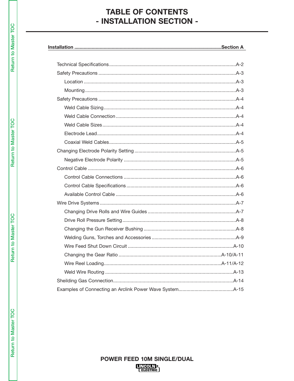 Section a - instlation | Lincoln Electric POWER FEED 10M SINGLE/DUAL SVM172-A User Manual | Page 7 / 151