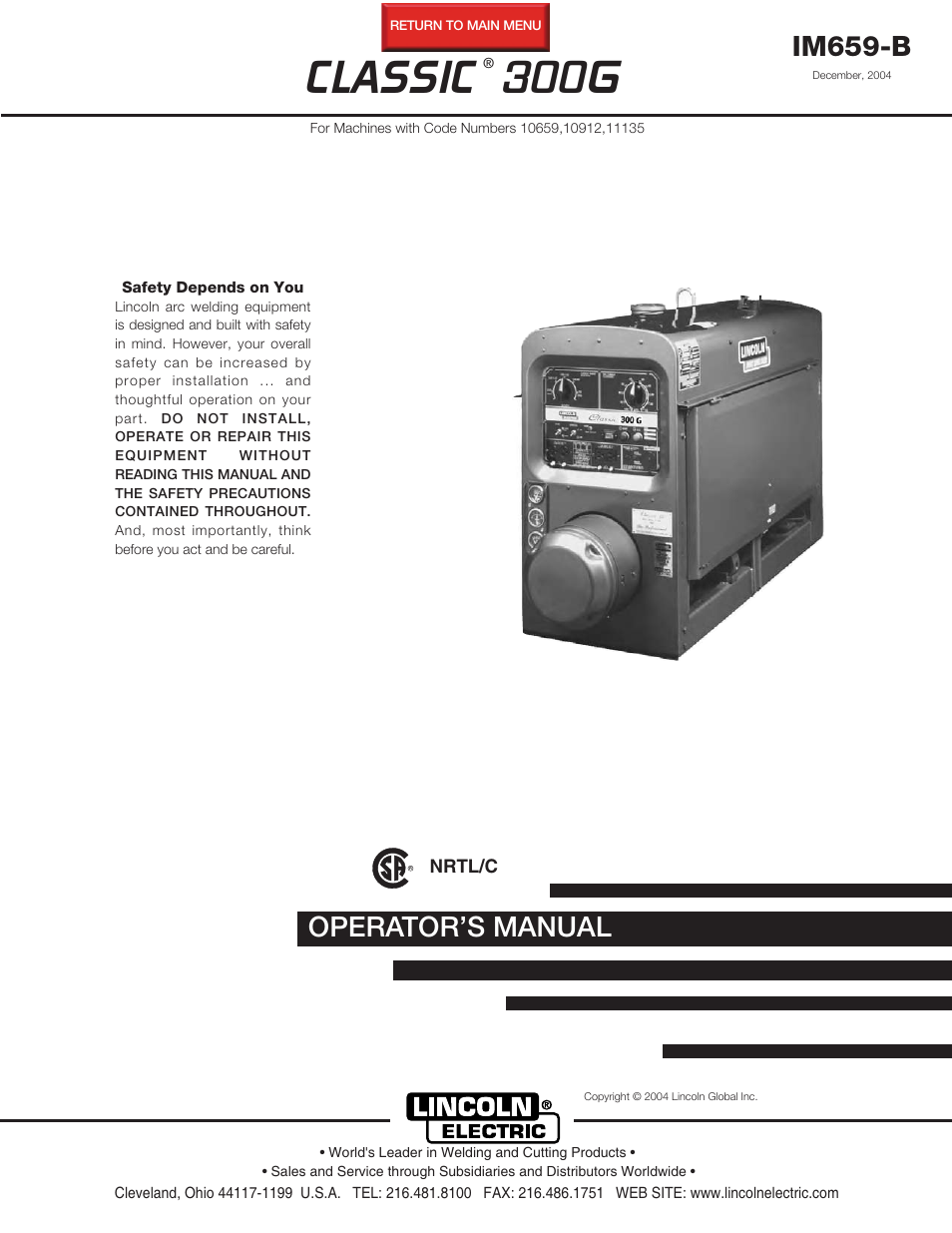 Lincoln Electric CLASSIC 300G 10659 User Manual | 33 pages