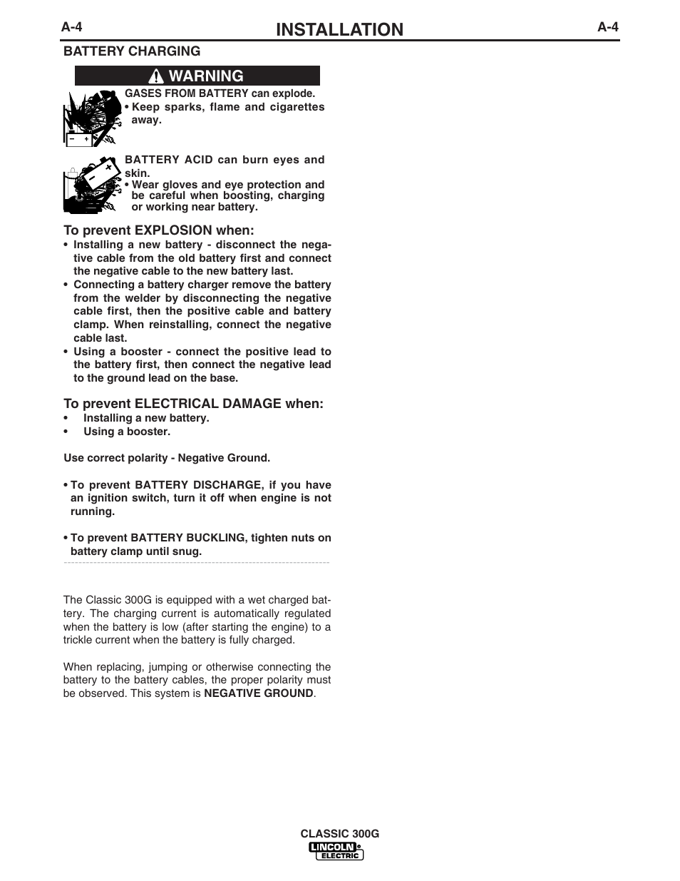 Installation, Warning | Lincoln Electric CLASSIC 300G 10659 User Manual | Page 11 / 33