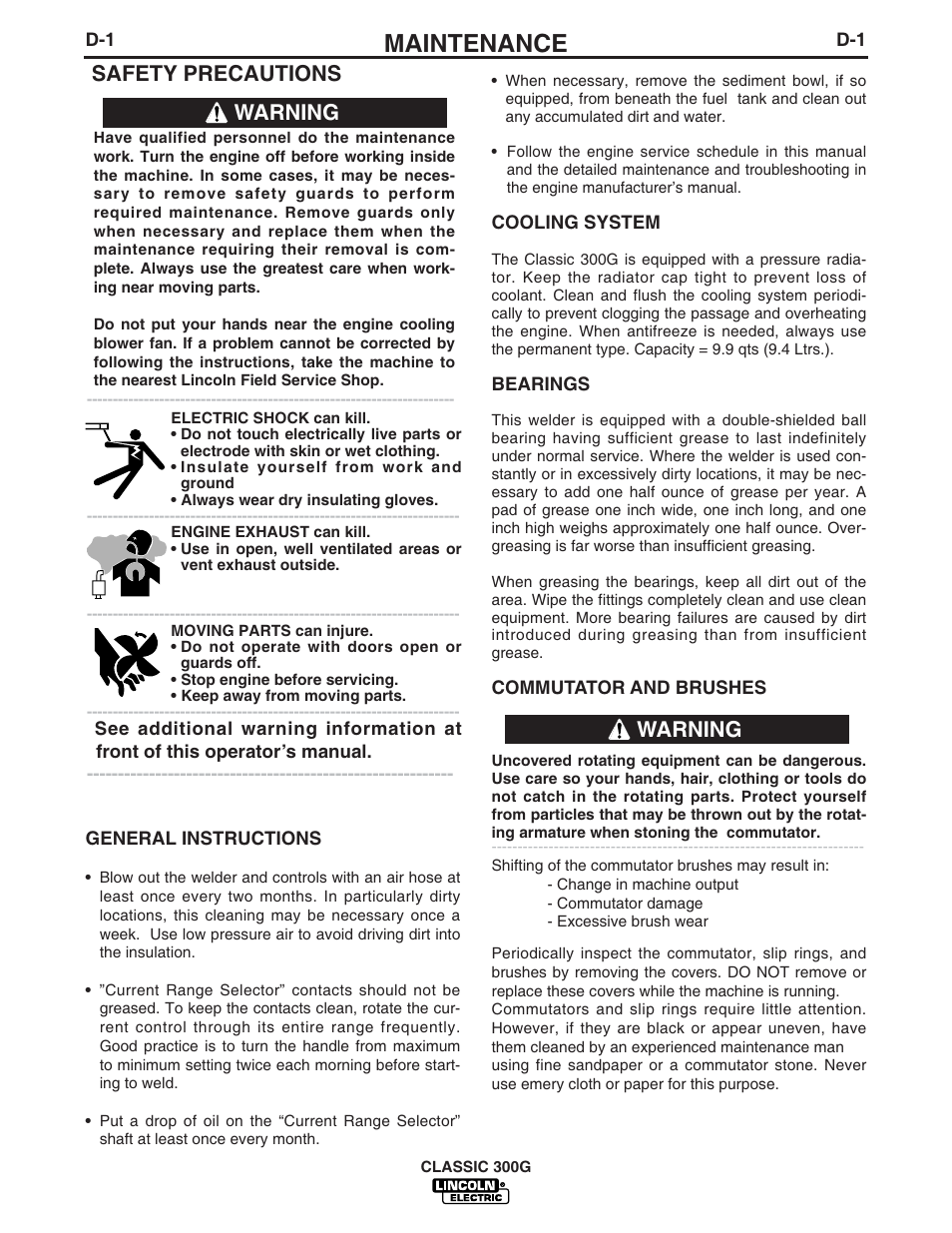 Maintenance, Safety precautions, Warning | Lincoln Electric CLASSIC 300G 10659 User Manual | Page 16 / 33