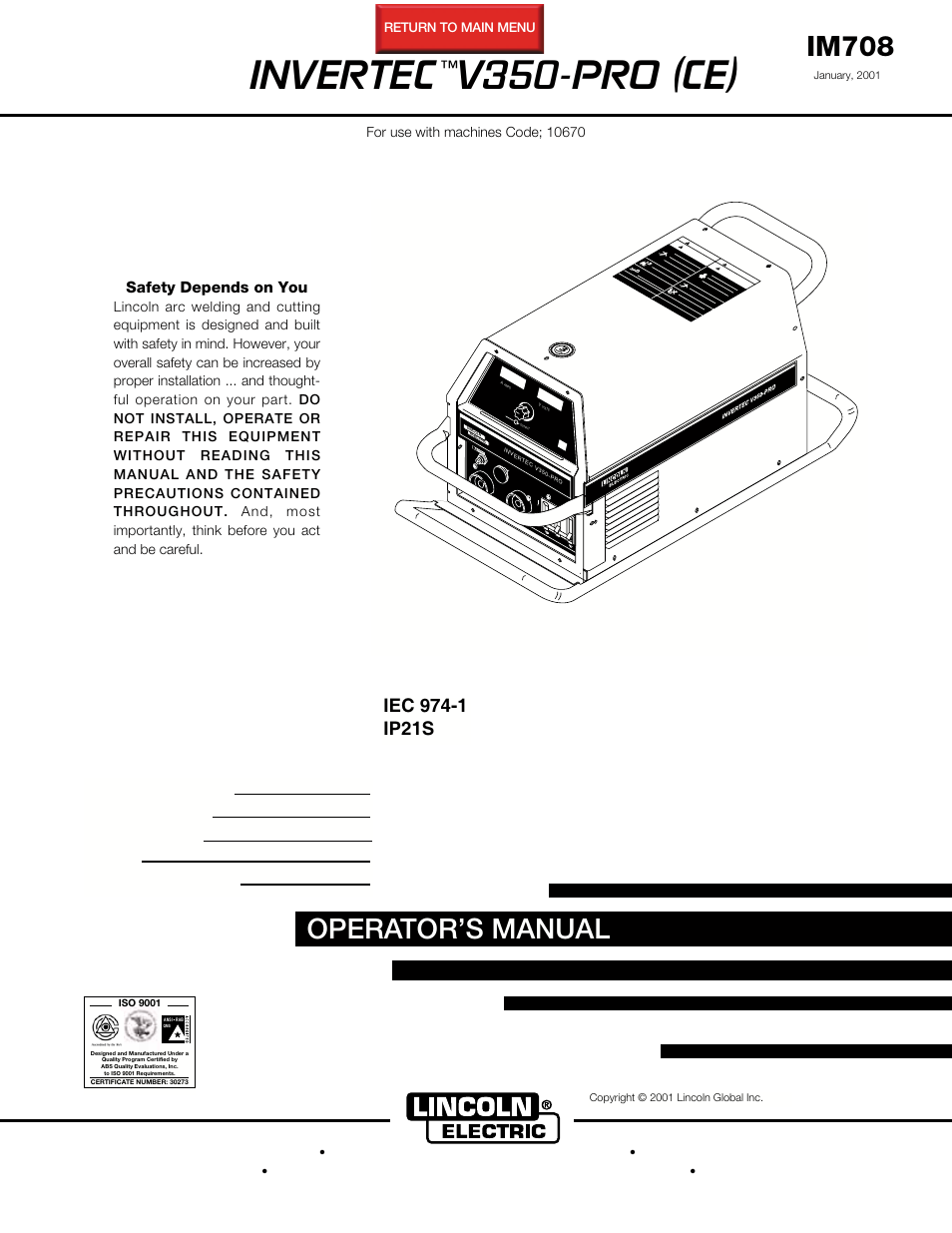 Lincoln Electric INVERTEC V350-PRO IM708 User Manual | 38 pages