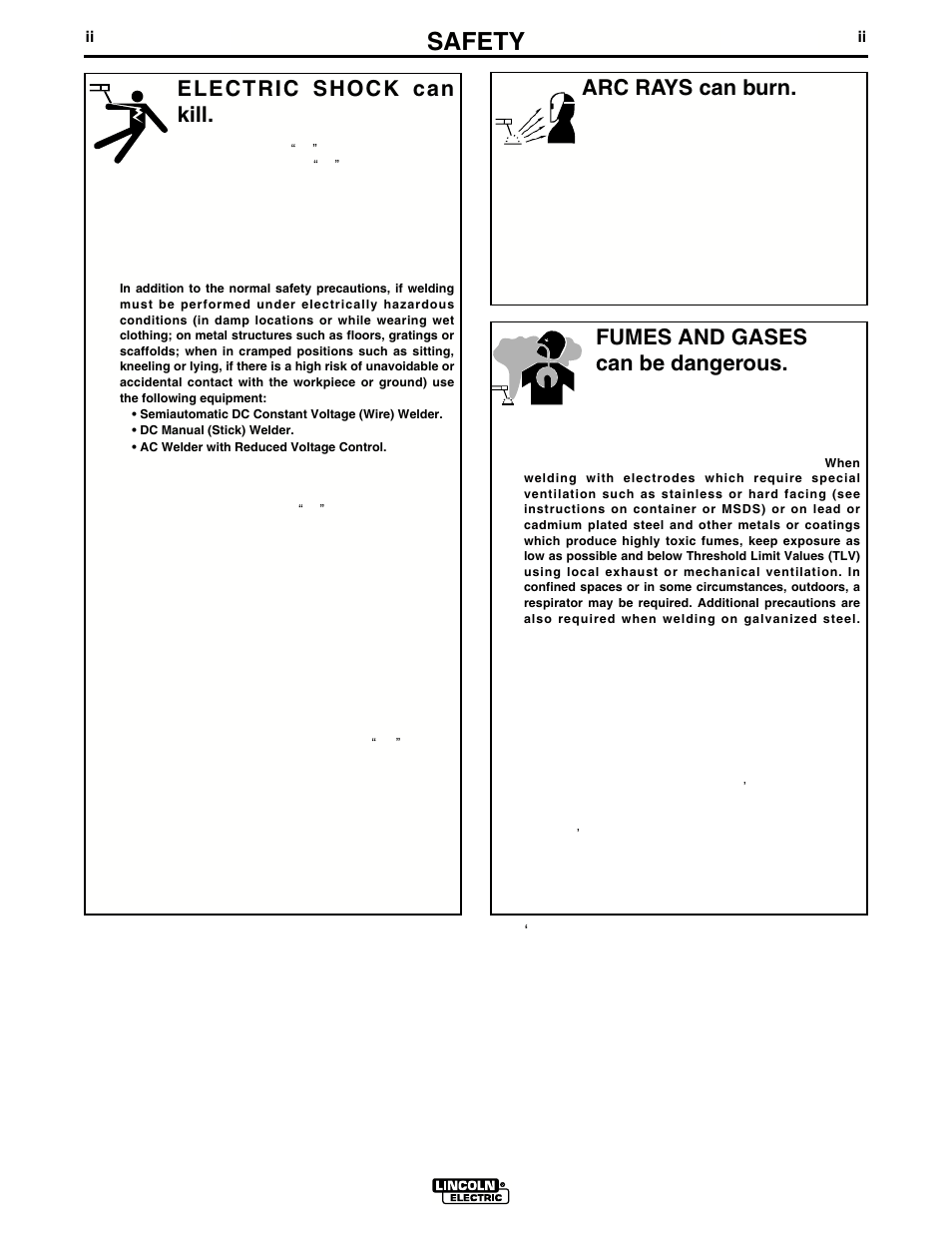 Safety, Arc rays can burn, Electric shock can kill | Fumes and gases can be dangerous | Lincoln Electric INVERTEC V350-PRO IM708 User Manual | Page 3 / 38