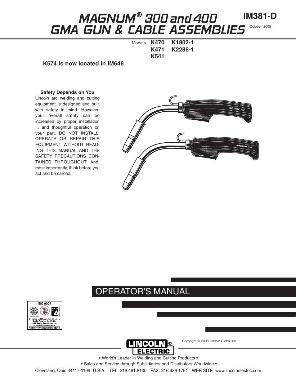 Lincoln Electric Magnum 300 and 400 GMA Gun & Cable Assemblies K2286-1 User Manual | 29 pages