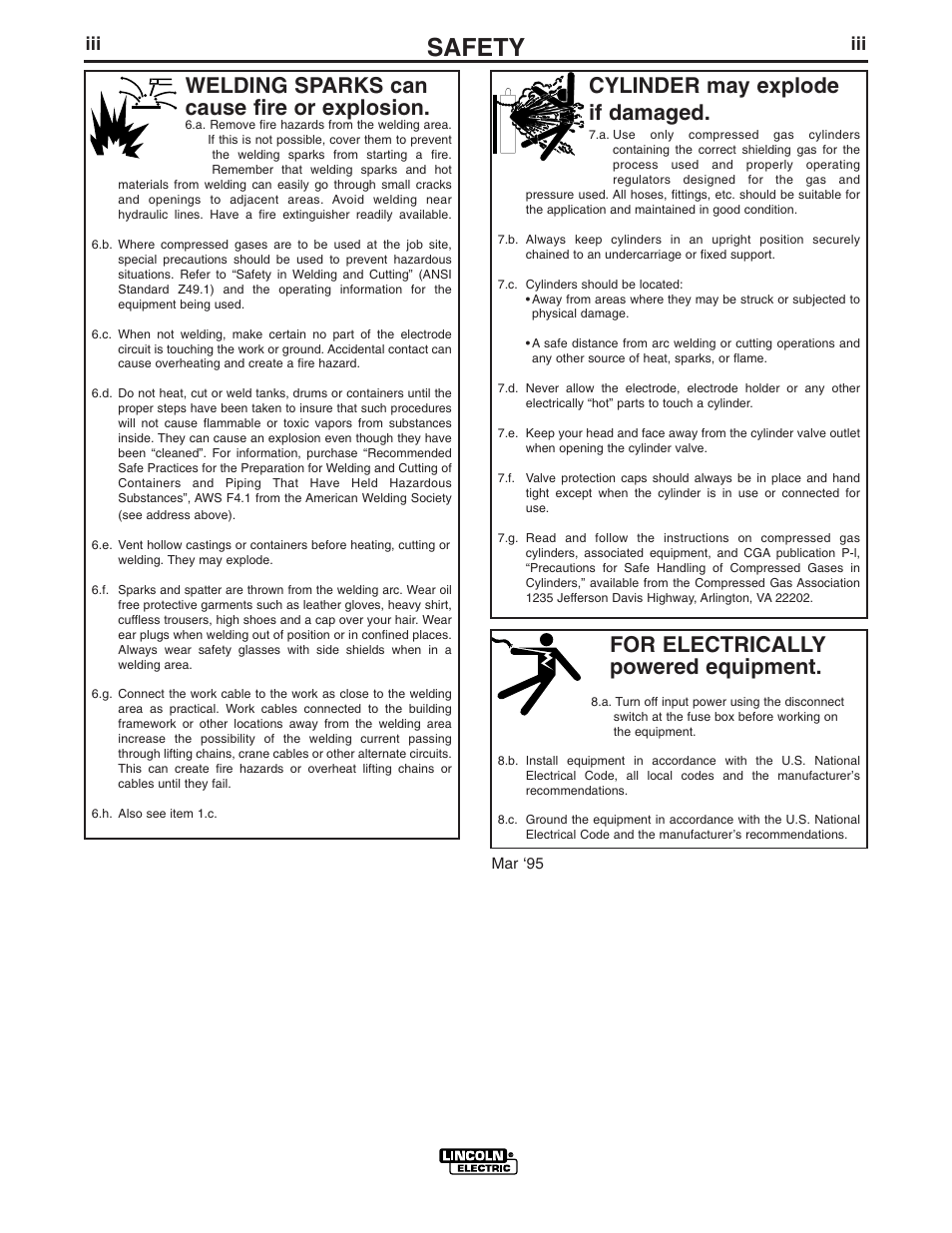 Safety, For electrically powered equipment, Cylinder may explode if damaged | Welding sparks can cause fire or explosion | Lincoln Electric Magnum 300 and 400 GMA Gun & Cable Assemblies K2286-1 User Manual | Page 4 / 29