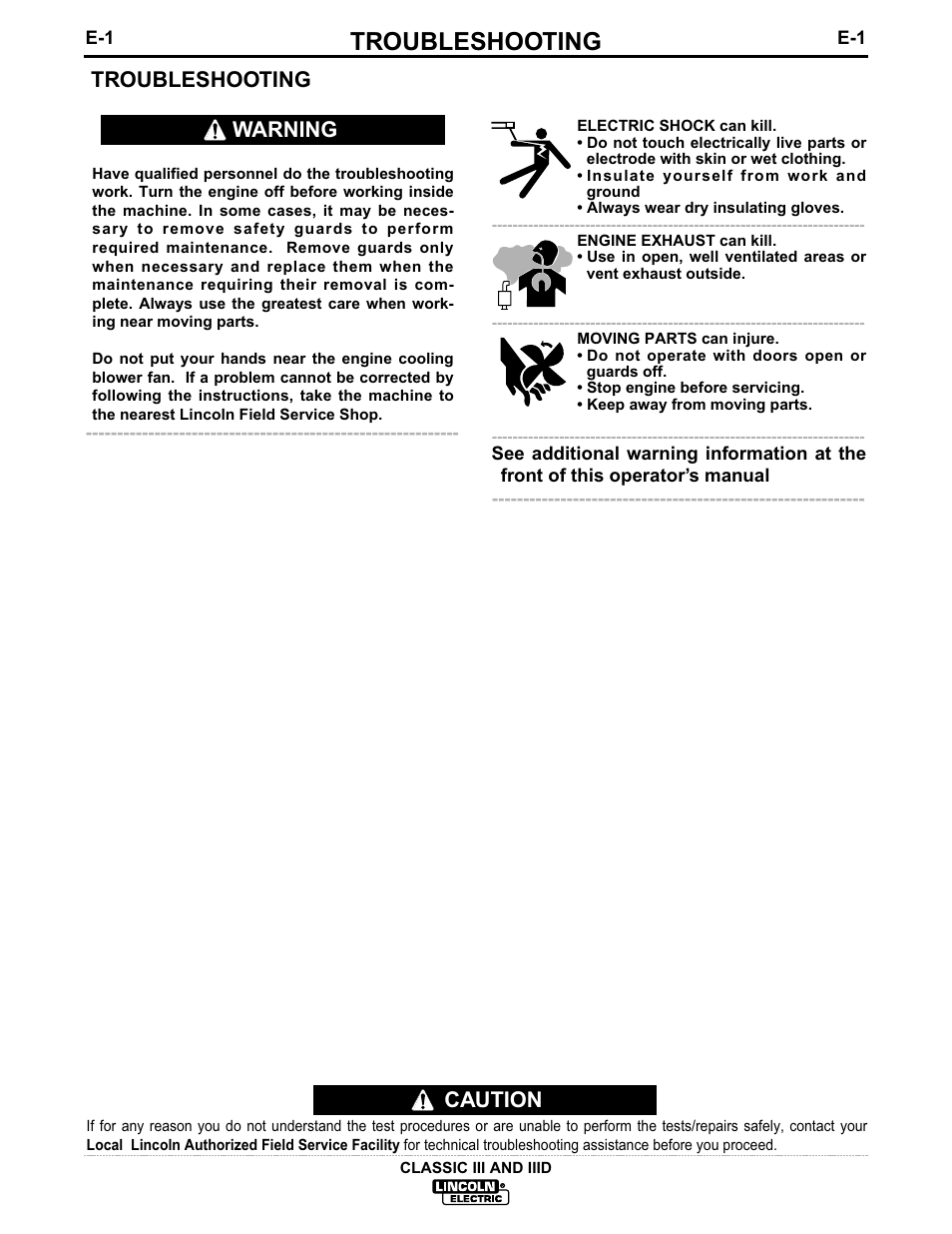 Troubleshooting, Caution troubleshooting, Warning | Lincoln Electric CLASSIC III 10156 User Manual | Page 21 / 34