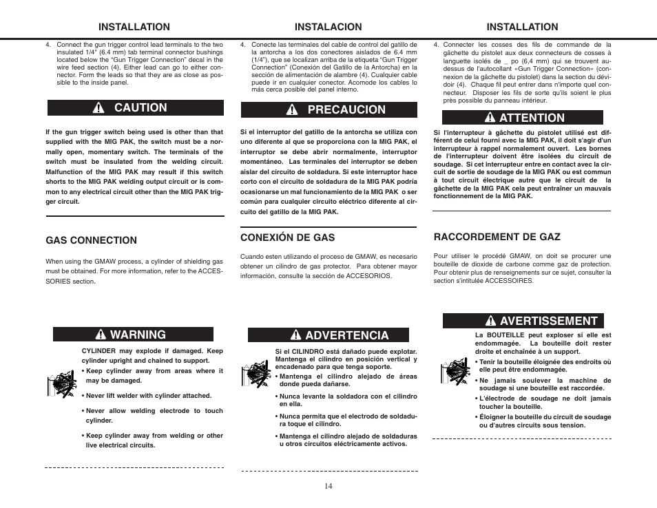 Precaucion, Caution, Warning advertencia attention avertissement | Conexión de gas, Gas connection, Installation instalacion, Raccordement de gaz, Installation | Lincoln Electric MIG-PAK 10 User Manual | Page 14 / 64