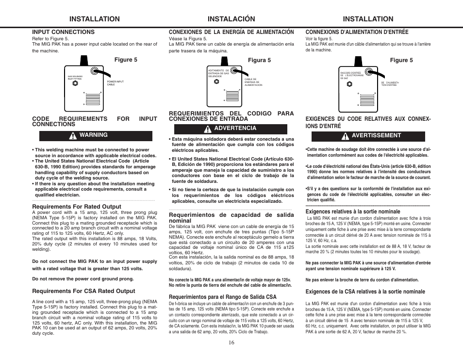 Installation, Instalación | Lincoln Electric MIG-PAK 10 User Manual | Page 16 / 64