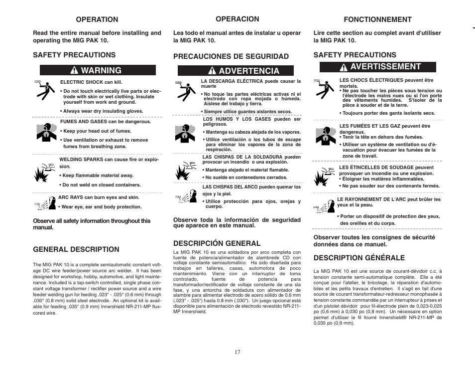 Warning avertissement advertencia, Precauciones de seguridad, Descripción general | Safety precautions, General description, Operation operacion, Description générale, Fonctionnement | Lincoln Electric MIG-PAK 10 User Manual | Page 17 / 64