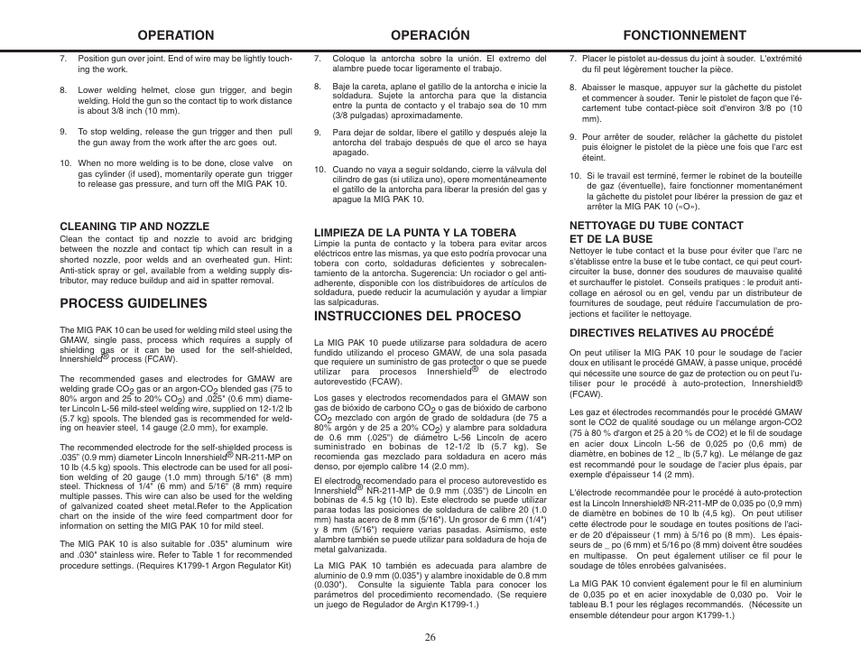 Process guidelines, Operation, Instrucciones del proceso | Operación fonctionnement | Lincoln Electric MIG-PAK 10 User Manual | Page 26 / 64