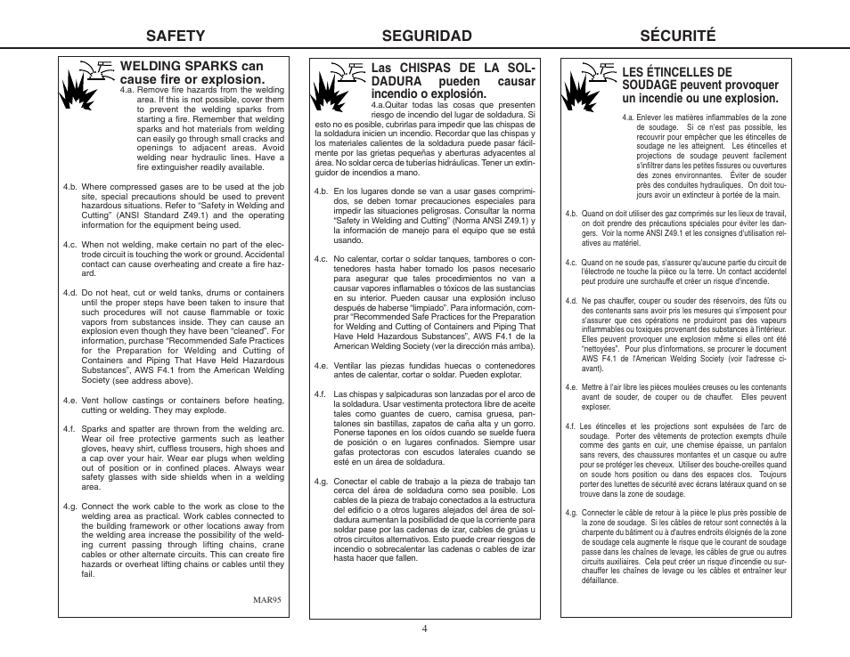 Safety seguridad sécurité, Welding sparks can cause fire or explosion | Lincoln Electric MIG-PAK 10 User Manual | Page 4 / 64