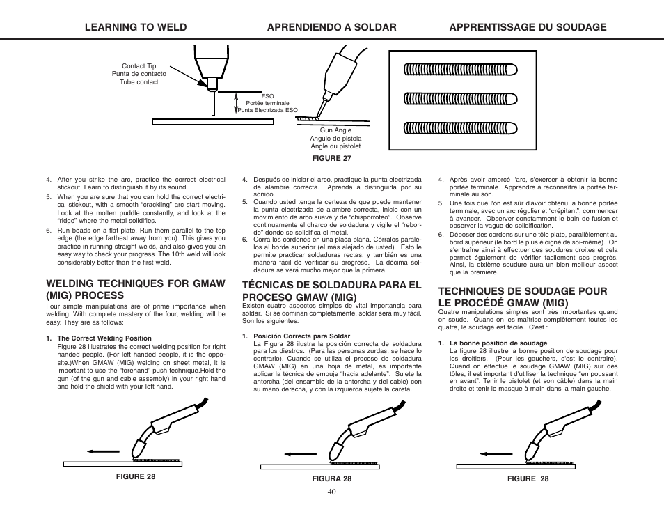 Welding techniques for gmaw (mig) process, Técnicas de soldadura para el proceso gmaw (mig), Techniques de soudage pour le procédé gmaw (mig) | Lincoln Electric MIG-PAK 10 User Manual | Page 40 / 64