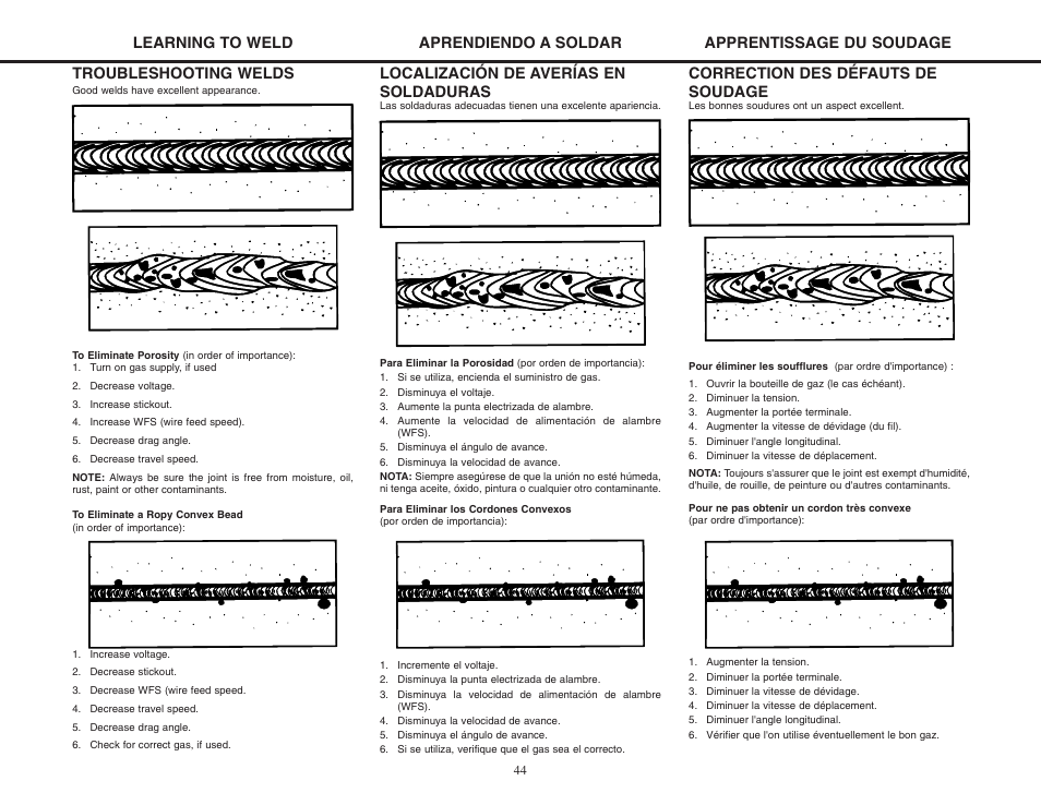 Troubleshooting welds, Localización de averías en soldaduras, Correction des défauts de soudage | Lincoln Electric MIG-PAK 10 User Manual | Page 44 / 64