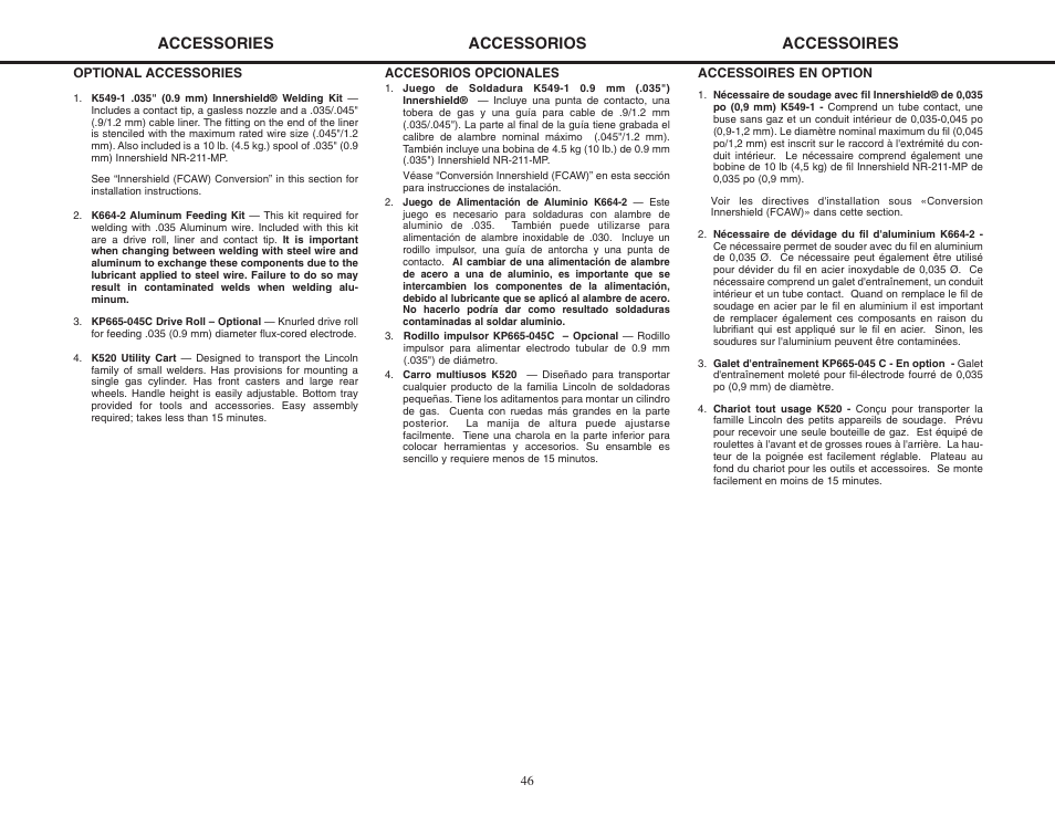 Accessories, Accessoires, Accessorios | Lincoln Electric MIG-PAK 10 User Manual | Page 46 / 64