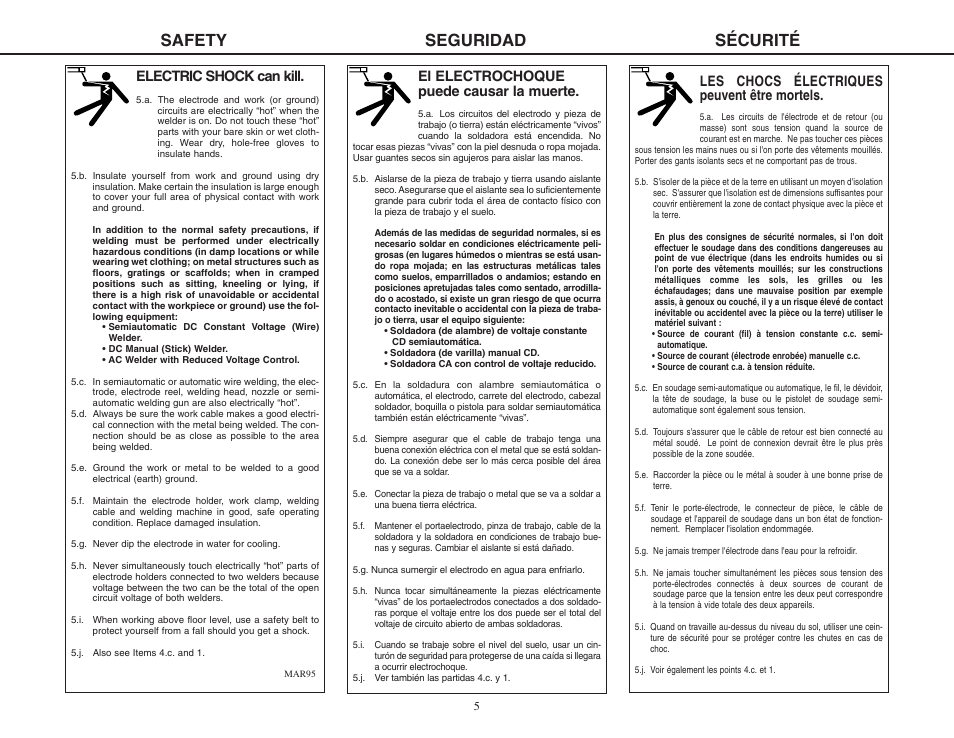 Safety seguridad sécurité, Electric shock can kill, El electrochoque puede causar la muerte | Les chocs électriques peuvent être mortels | Lincoln Electric MIG-PAK 10 User Manual | Page 5 / 64