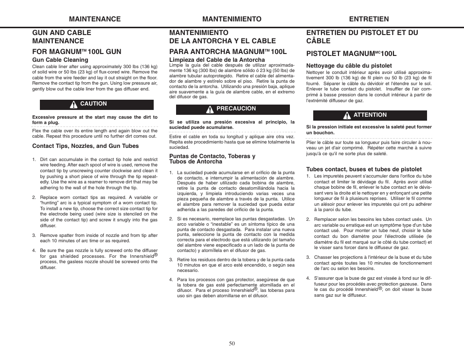 Entretien du pistolet et du câble pistolet magnum, 100l, Entretien | Gun and cable maintenance for magnum, 100l gun, Mantenimiento | Lincoln Electric MIG-PAK 10 User Manual | Page 50 / 64