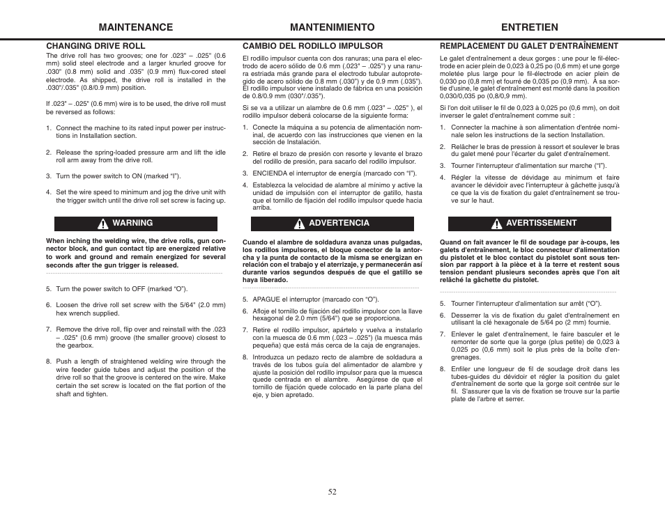 Maintenance, Mantenimiento, Entretien | Lincoln Electric MIG-PAK 10 User Manual | Page 52 / 64